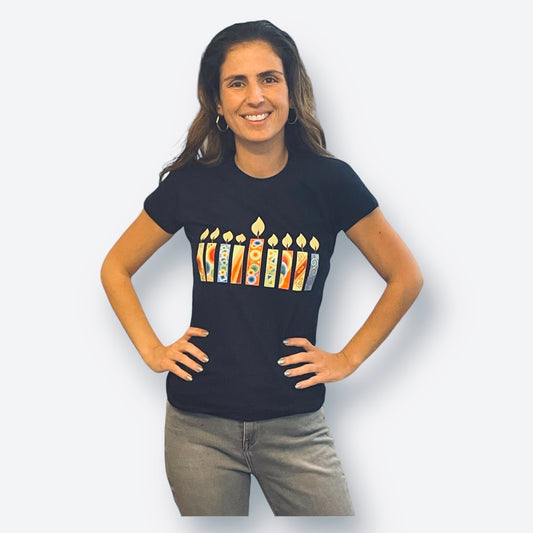 Hanukkah Woman T-Shirt happy colorful Hanukkah candles 100% soft cotton