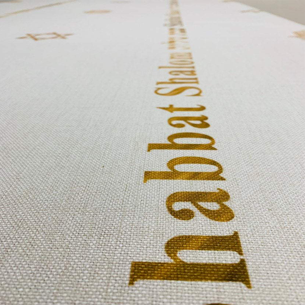 Gold Shabbat Shalom Tablecloth Linen Cotton Blend
