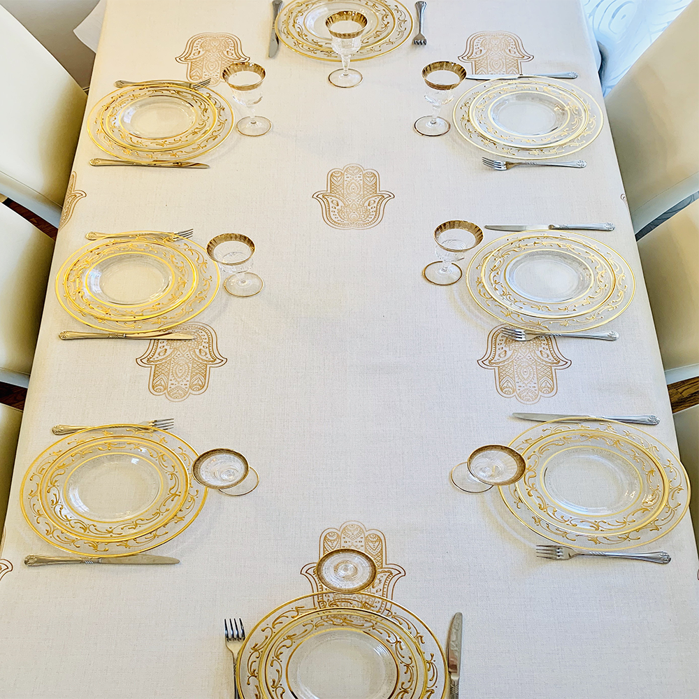 Gold Hamsa Tablecloth. Original Design by Broderies de France