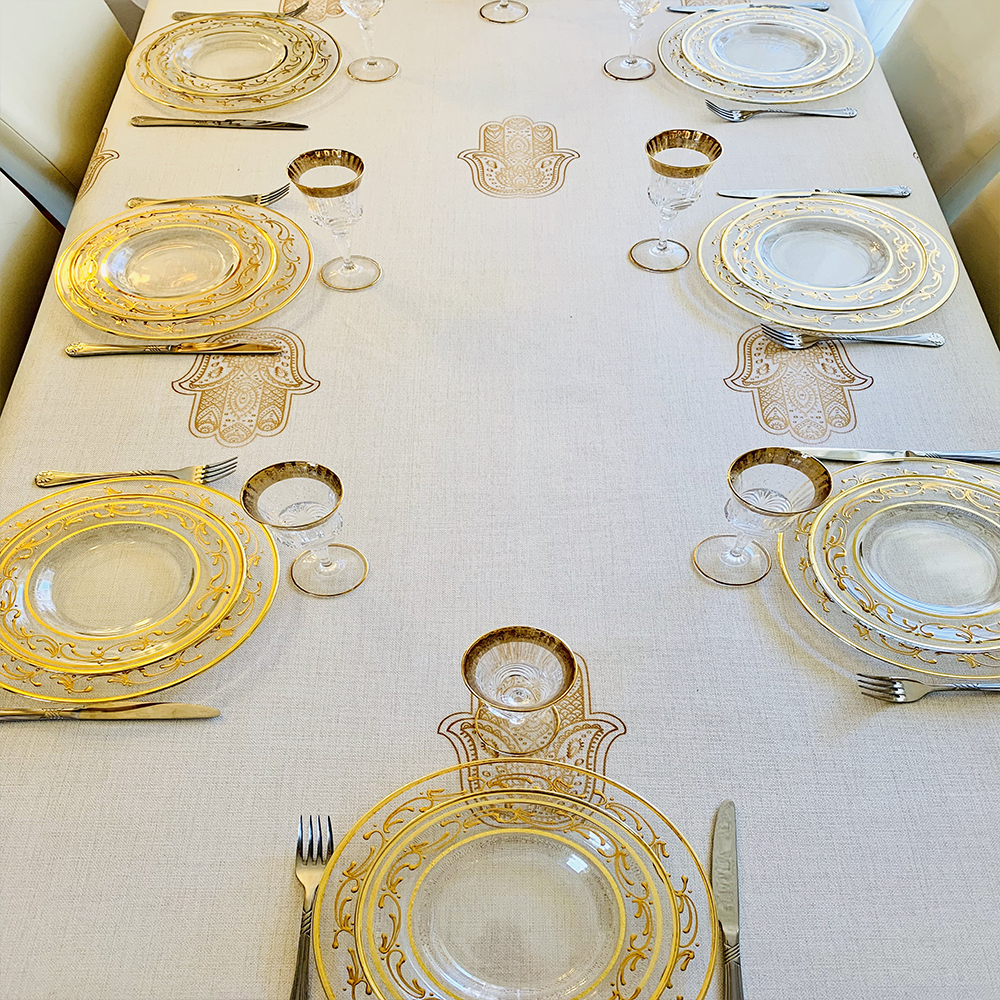 Gold Hamsa Tablecloth. Original Design by Broderies de France