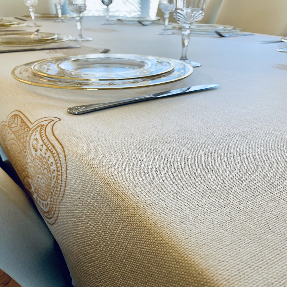 Gold Hamsa Tablecloth. Original Design by Broderies de France
