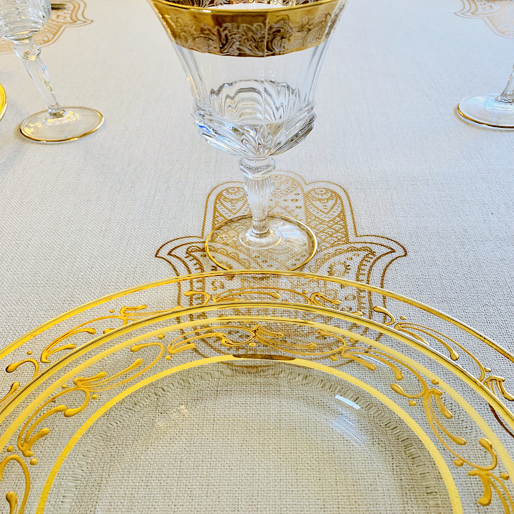 Gold Hamsa Tablecloth. Original Design by Broderies de France
