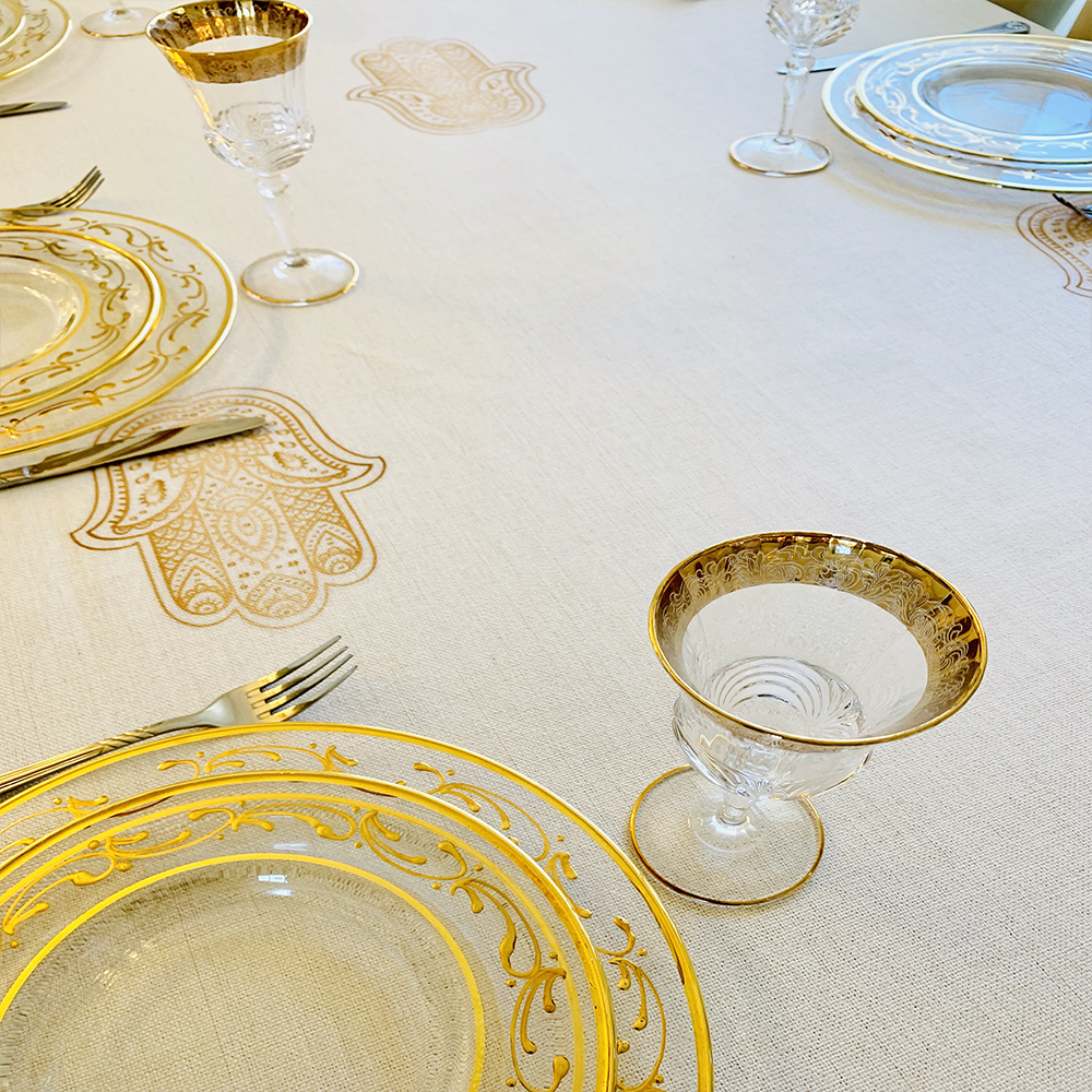 Gold Hamsa Tablecloth. Original Design by Broderies de France