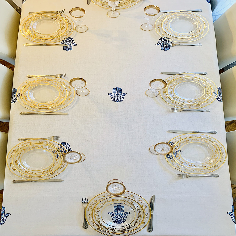 Blue Hamsa Tablecloth. Original Design by Broderies de France