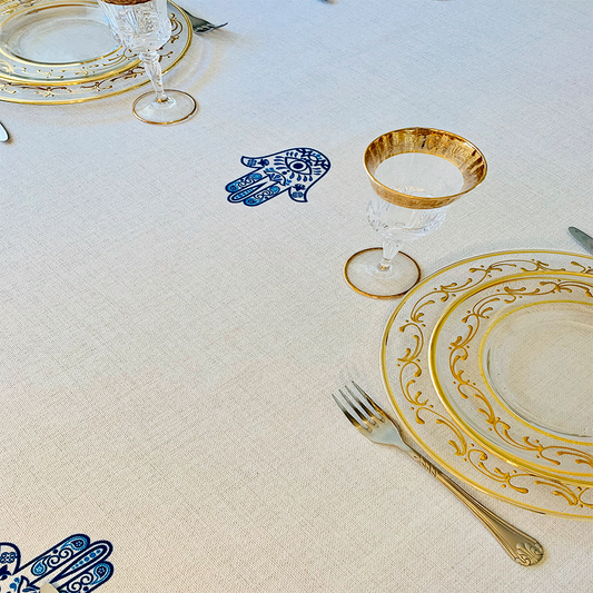 Blue Hamsa Tablecloth. Original Design by Broderies de France