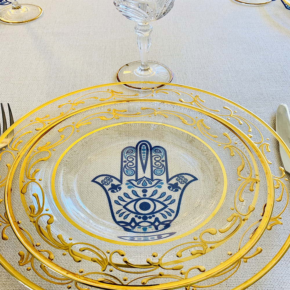 Blue Hamsa Tablecloth. Original Design by Broderies de France