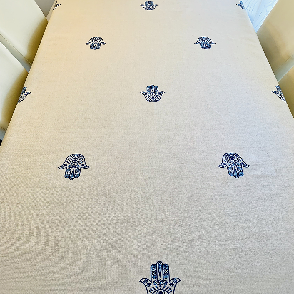Blue Hamsa Tablecloth. Original Design by Broderies de France