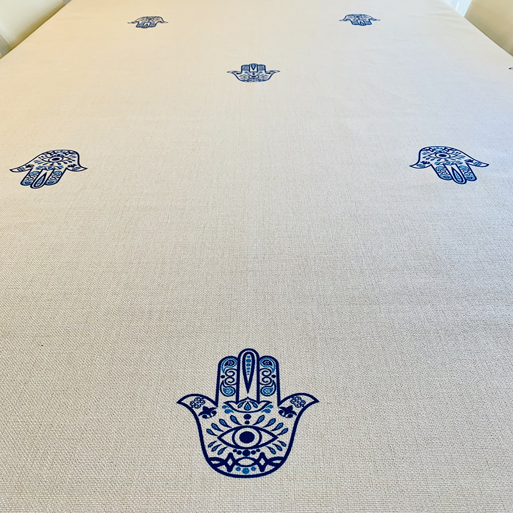 Blue Hamsa Tablecloth. Original Design by Broderies de France