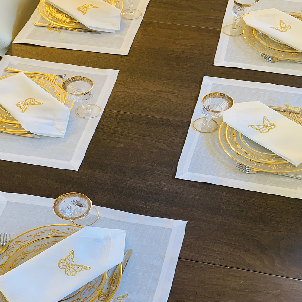 A Breath Taking Embroidered Gold Butterfly Placemats Napkins Set