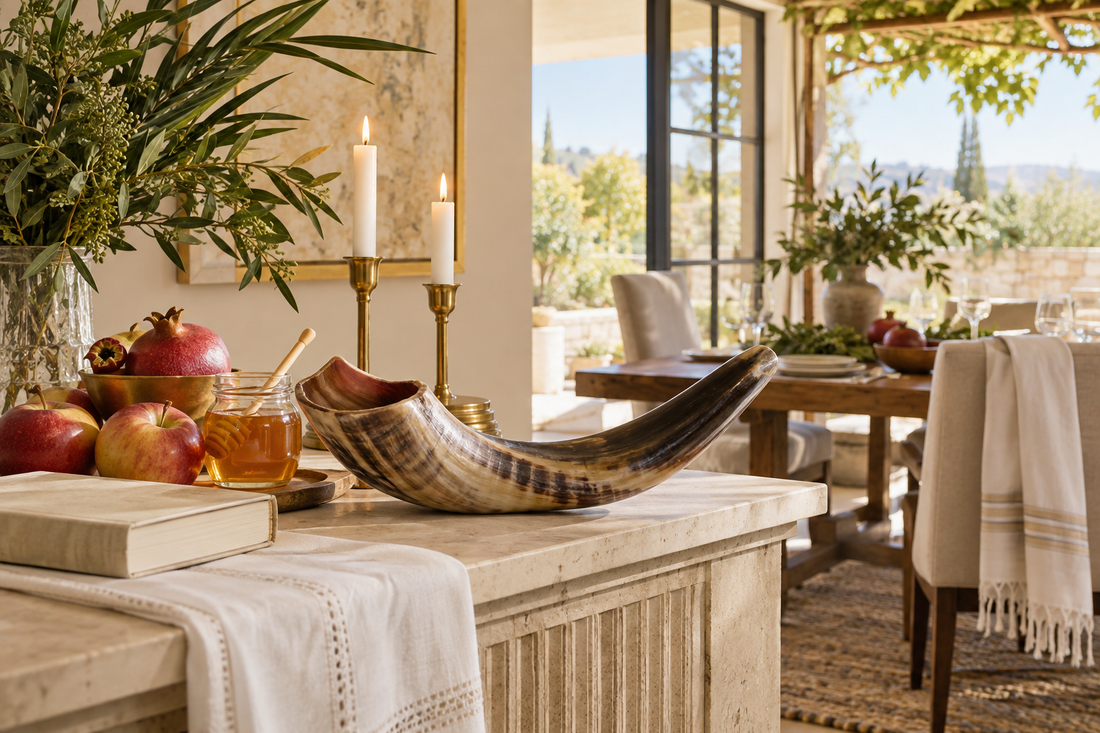 High Holidays table with shofar, apples, honey, pomegranates and candles in an elegant Jewish home