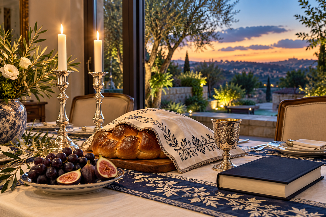 Elegant Bereishit Shabbat table with candles, covered challah, Kiddush cup, fruit, olive branches, and a garden at twilight