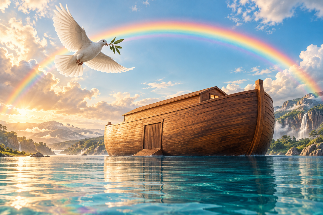 Modern illustration of Noah’s ark on calm turquoise water, a dove carrying an olive branch, and a rainbow after the flood for Parashat Noach.