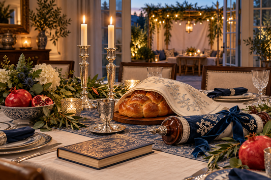 Elegant Shemini Atzeret and Simchat Torah holiday table with Shabbat candles, challah, Kiddush cup, pomegranates, and a decorative Torah scroll
