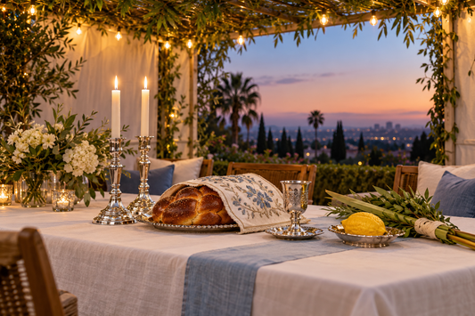 Elegant Sukkot and Shabbat table in a Beverly Hills sukkah with candles, challah, kiddush cup, lulav and etrog