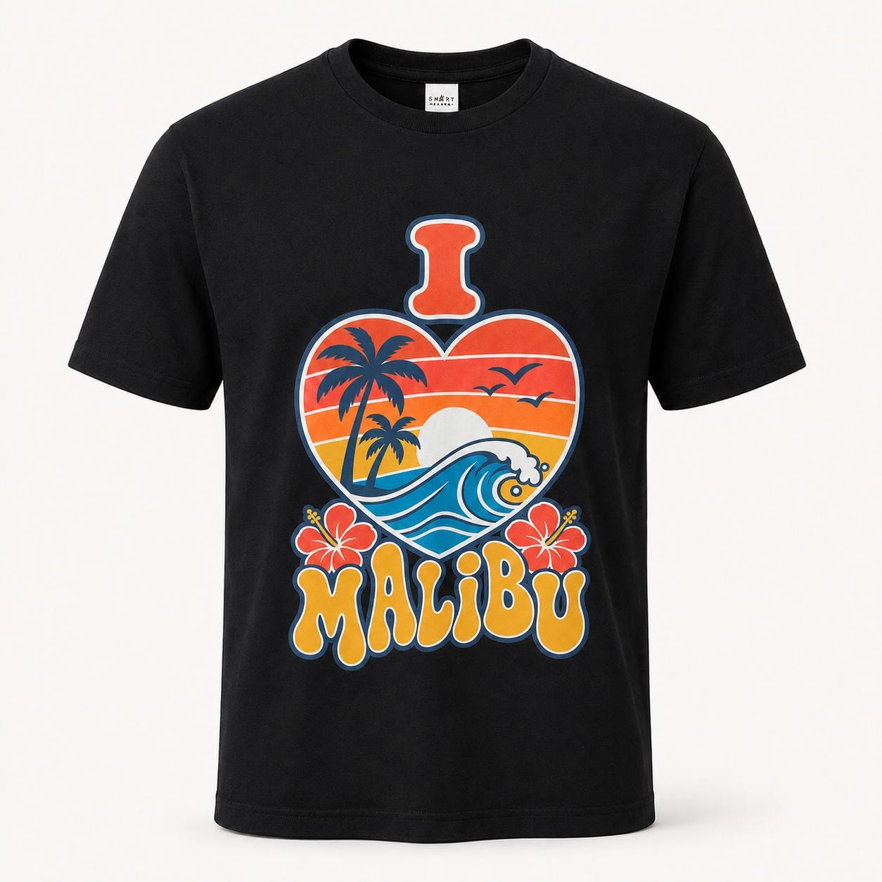 I Love Malibu Heart Sunset Tee, Retro California Beach Shirt, Unisex Surf Top