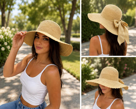 Women's Wide Brim Sun Hat with Bow – UV Protection Summer Beach Hat