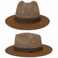 Woven Fedora Hat | Wide Brim Sun Protection, Geometric Crown, Striped Band