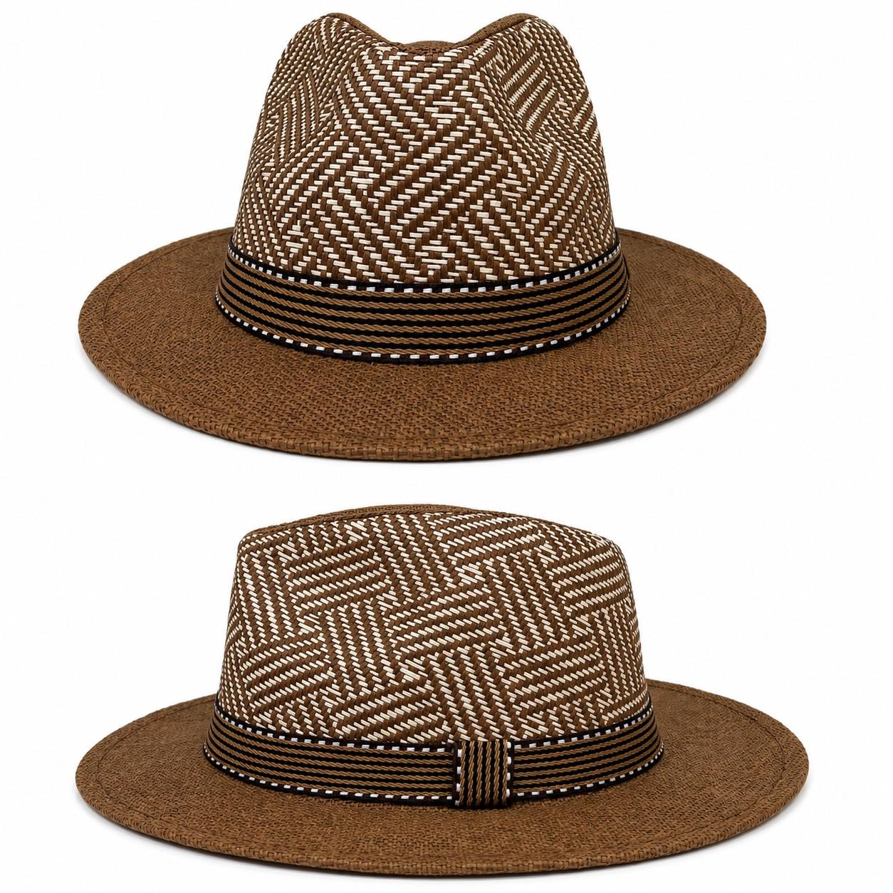 Woven Fedora Hat | Wide Brim Sun Protection, Geometric Crown, Striped Band