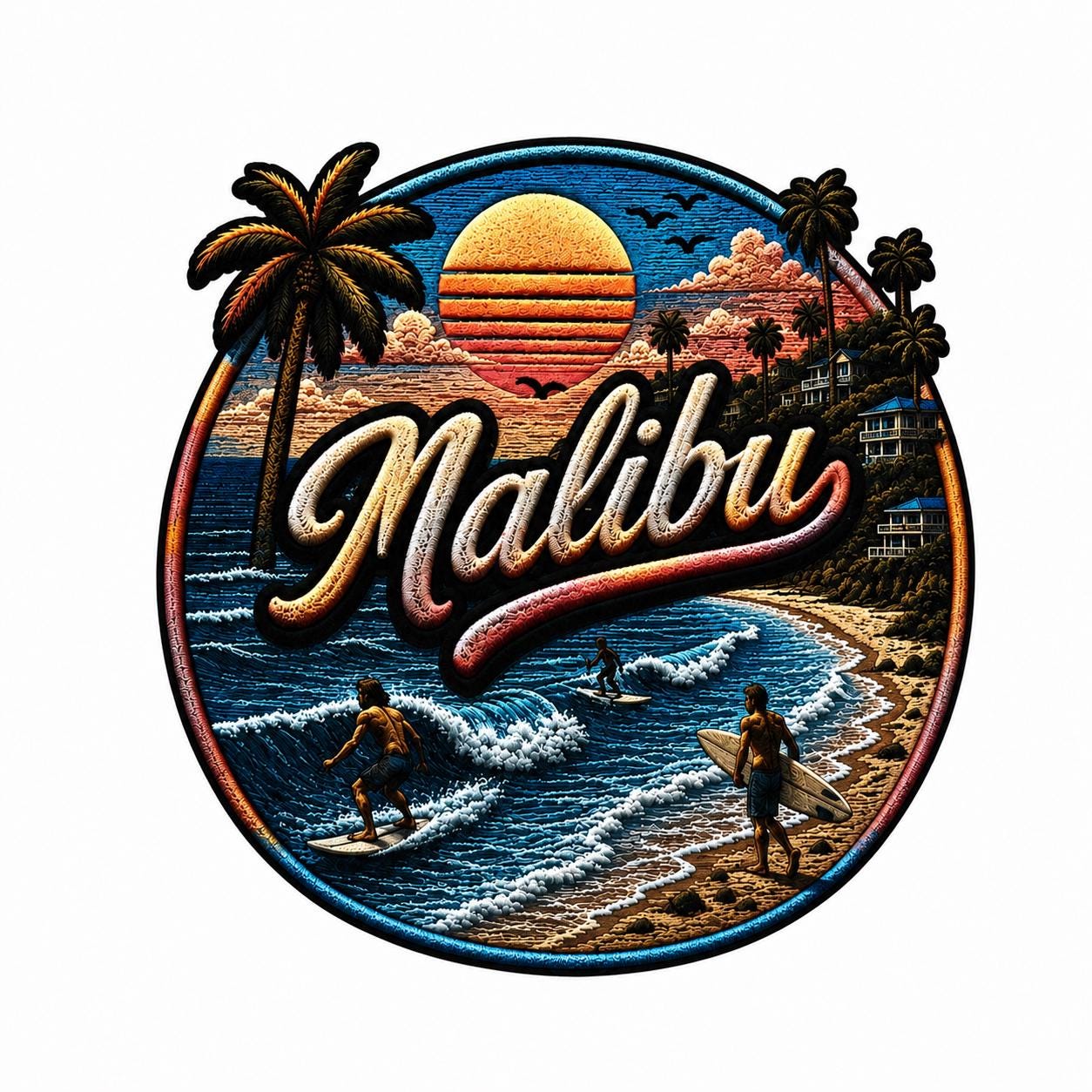 Malibu Beach Sunset Heat Transfer Decal – 27cm Retro Surf & Palm Tree Iron-On Transfer