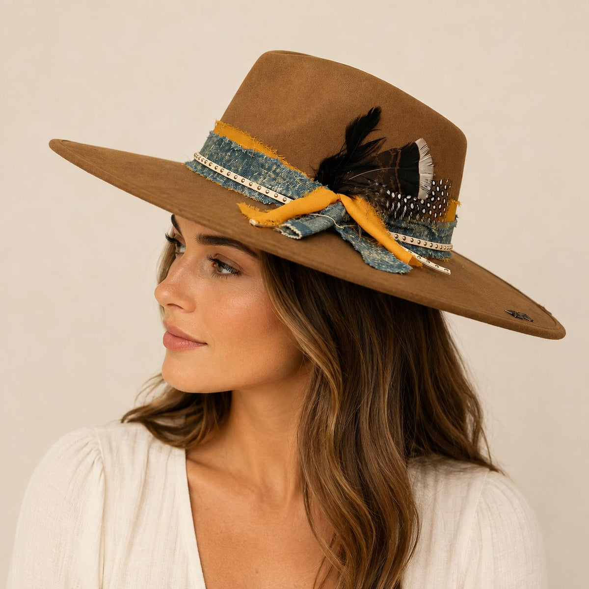 Handmade Suede Fedora Hat – Western Boho Style with Feather, Denim, Chain