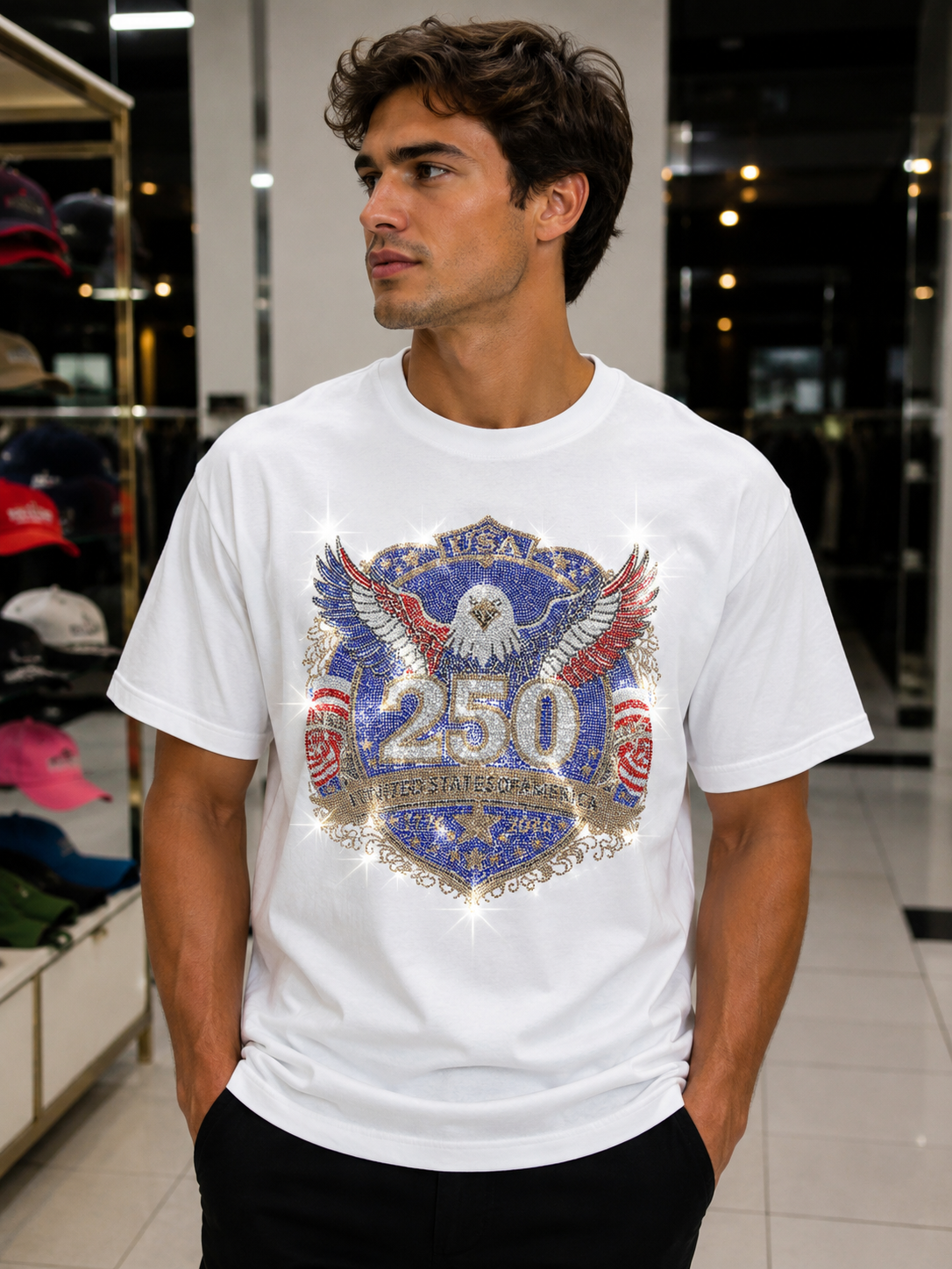 USA 250 Rhinestone Heavyweight oversized T-Shirt – 4th of July Patriotic Graphic Tee | Unisex Premium Cotton Shirt