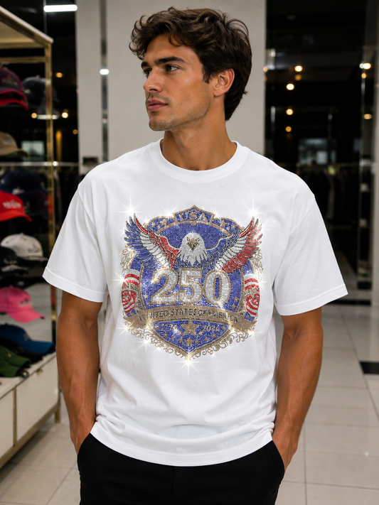 USA 250 Rhinestone Heavyweight oversized T-Shirt – 4th of July Patriotic Graphic Tee | Unisex Premium Cotton Shirt