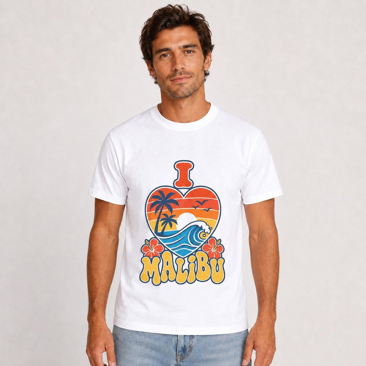 I Love Malibu Heart Sunset Tee, Retro California Beach Shirt, Unisex Surf Top