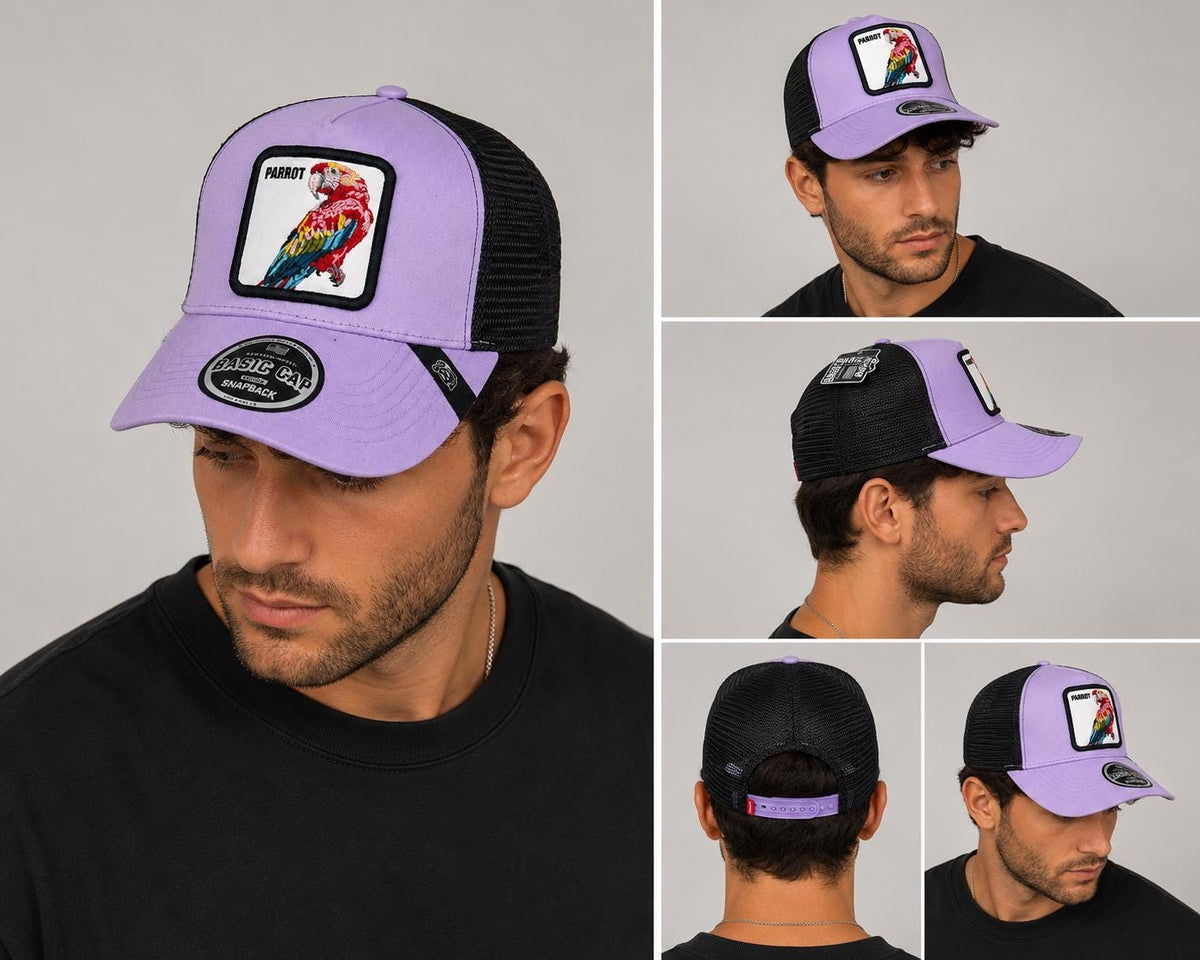 Lavender Parrot Trucker Hat | Embroidered Bird Patch Snapback Cap