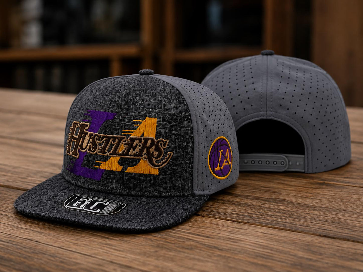 Vintage LA Hustlers Snapback Hat, Embroidered Basketball Cap, Purple Gold Streetwear