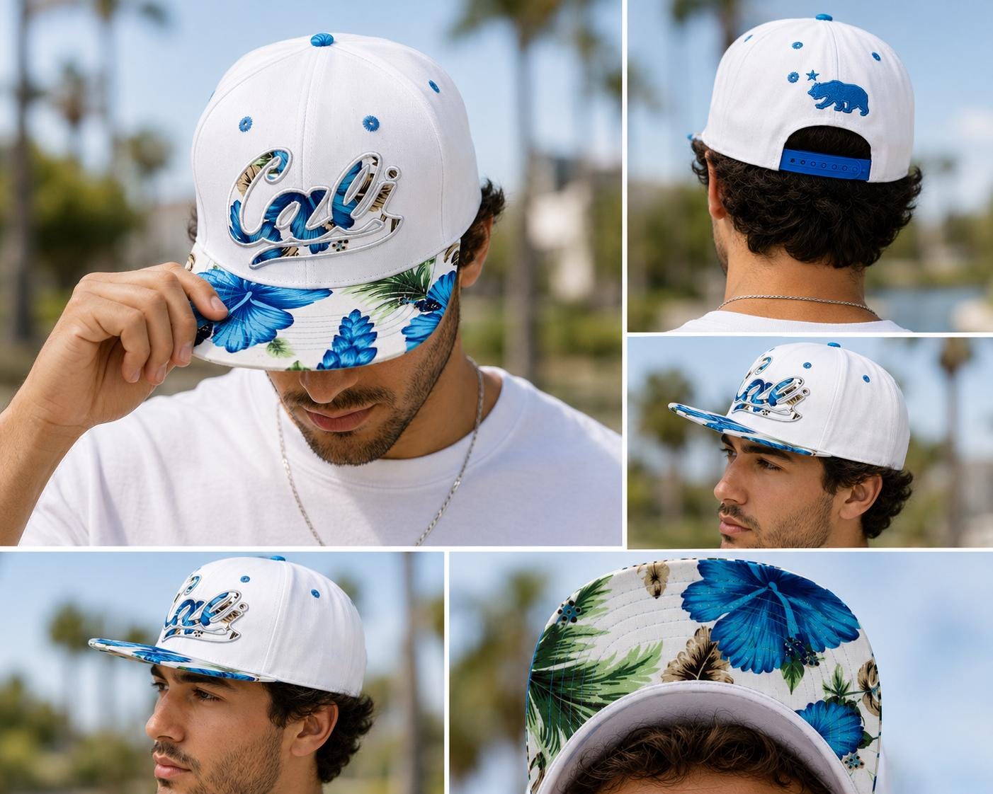California Floral Snapback Hat | Embroidered Cali Script, Bear Logo, Tropical Brim