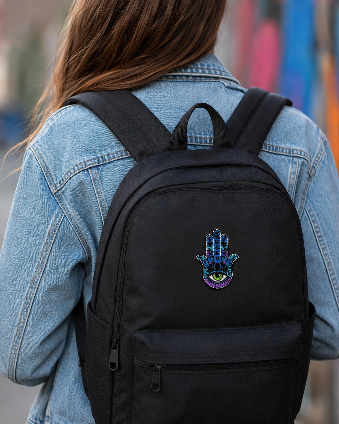 Hamsa Hand Evil Eye Embroidered Patch – Colorful Blue Purple Music Iron On Patch, Protective Eye Applique for Jackets Bags Backpacks