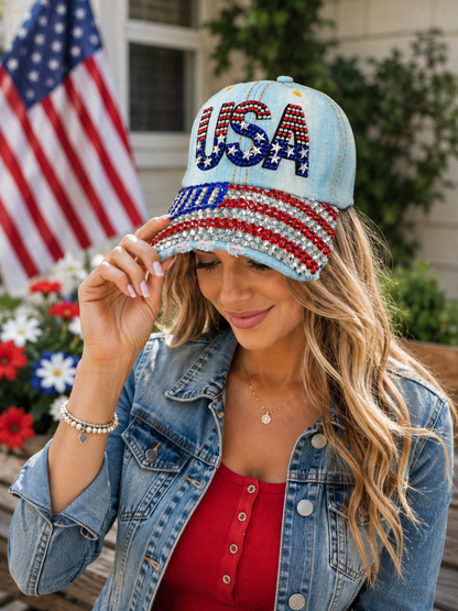 USA Rhinestone Denim Baseball Cap for Women – Patriotic American Flag Bling Hat, 4th of July Sparkle Cap