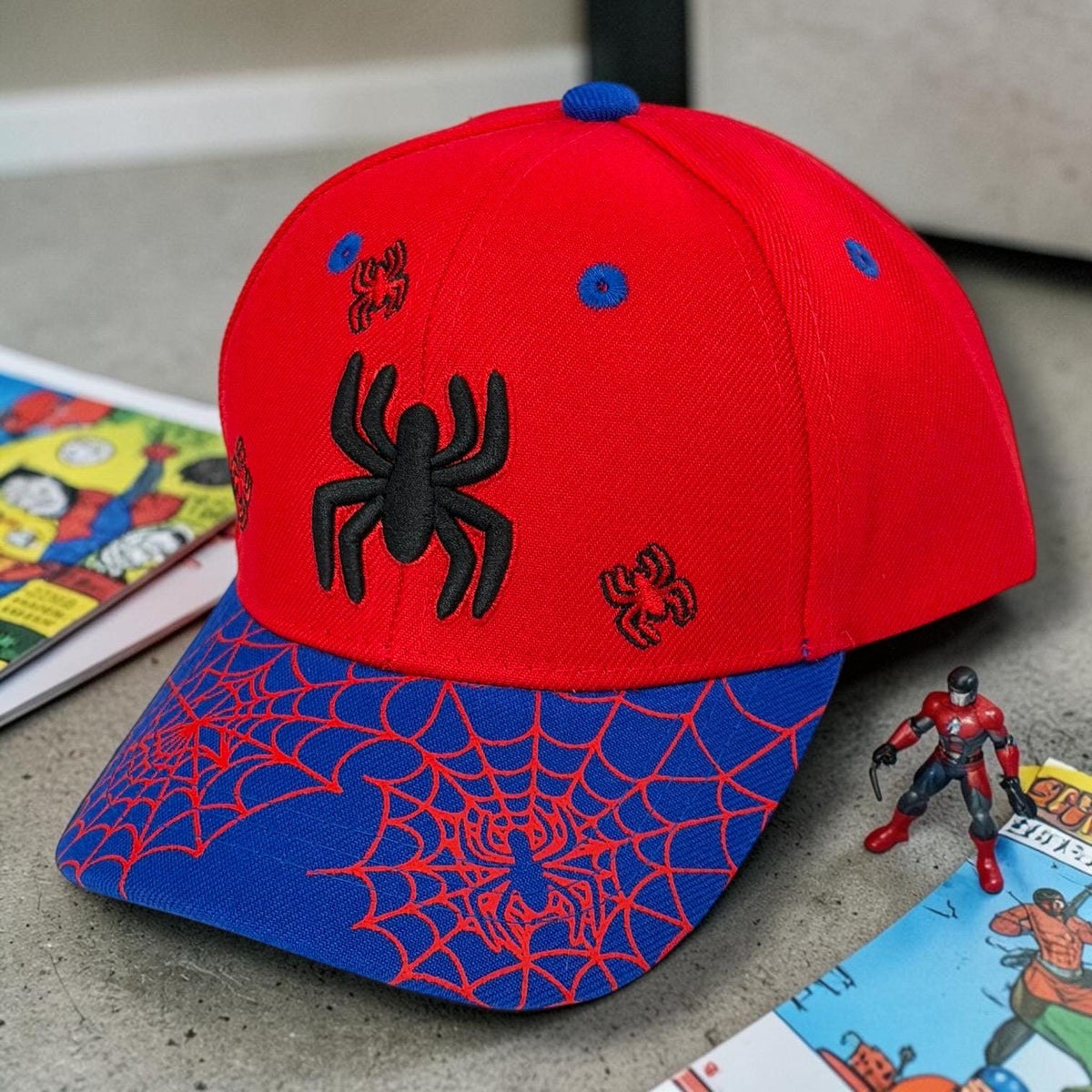 Kids Spider Web Baseball Cap | Red Blue Embroidered Spider Youth Snapback Hat