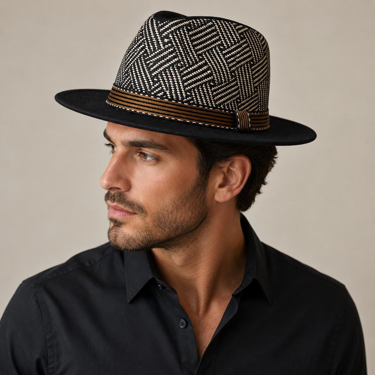 Woven Fedora Hat | Wide Brim Sun Protection, Geometric Crown, Striped Band