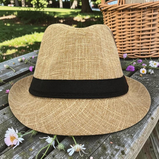 Classic Tan Fedora Hat | Lightweight Straw Trilby, Black Band, Unisex Summer Beach Vacation Accessory