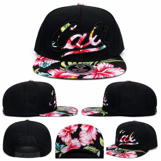 California Floral Snapback Hat | Embroidered Cali Script, Bear Logo, Tropical Brim