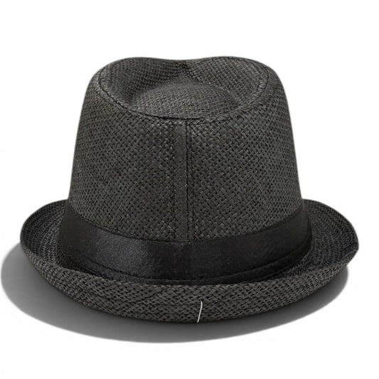 Black Straw Fedora Hat | Lightweight Trilby, Wide Brim, Unisex Summer Vacation Accessory