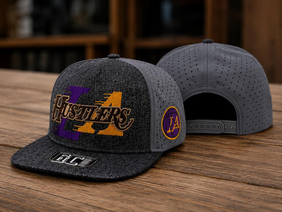 Vintage LA Hustlers Snapback Hat, Embroidered Basketball Cap, Purple Gold Streetwear
