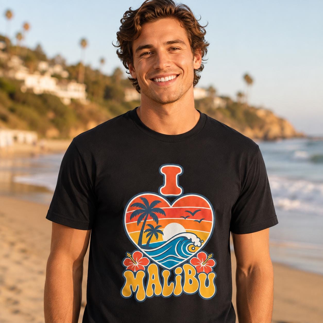 I Love Malibu Heart Sunset Tee, Retro California Beach Shirt, Unisex Surf Top