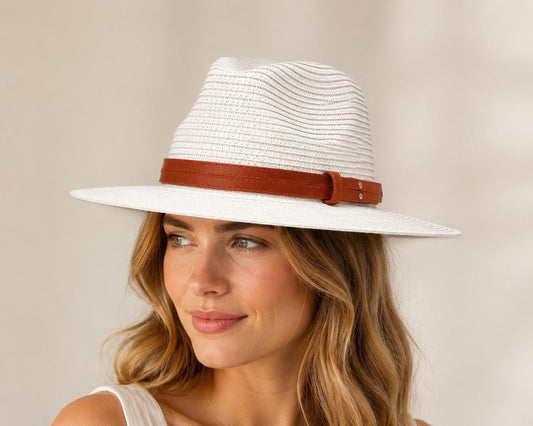 Wide Brim Woven Straw Fedora Hat | Faux Leather Band, Summer Sun Protection