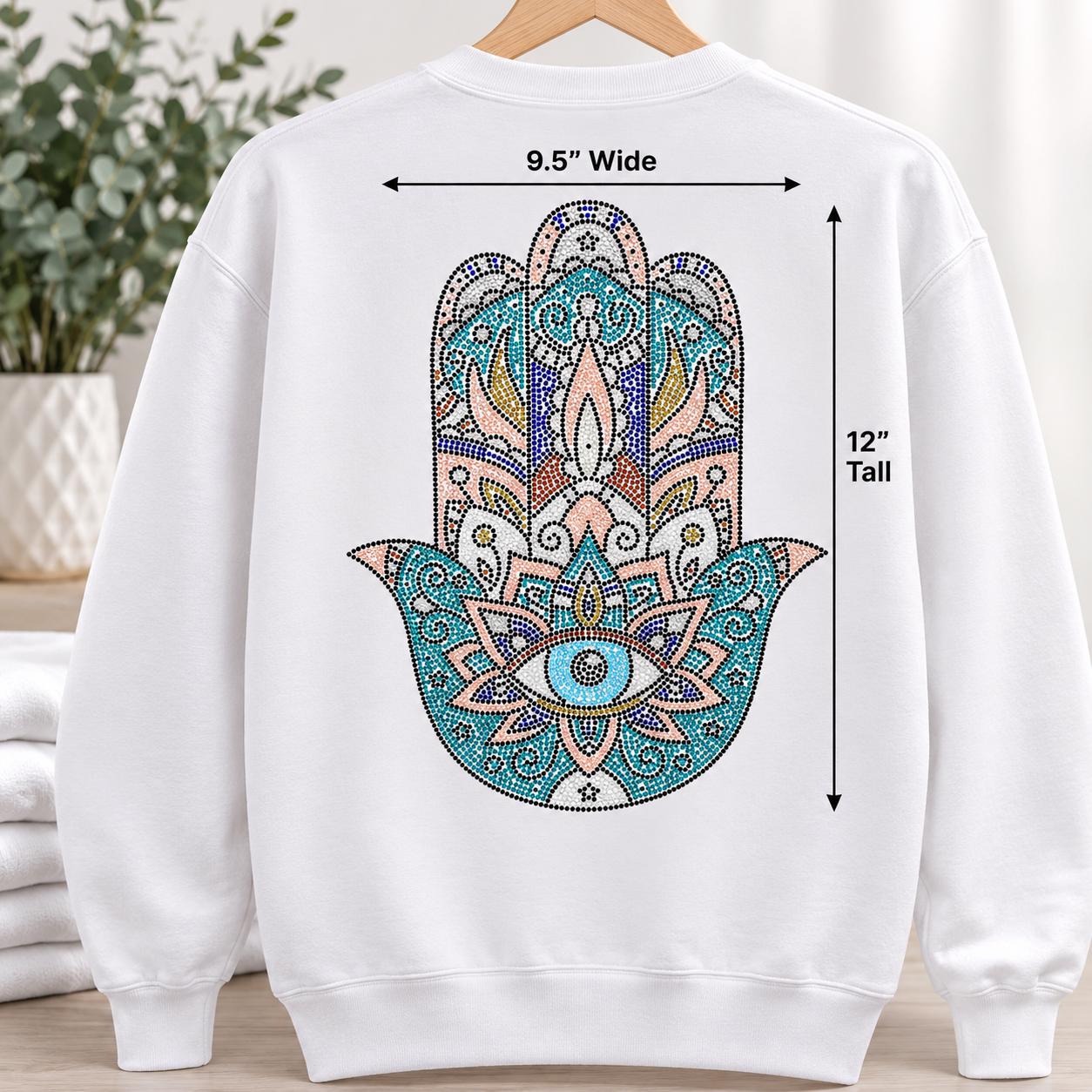 Rhinestone Hamsa Hand Heat Transfer | Evil Eye Crystal Applique (9.5"x12")