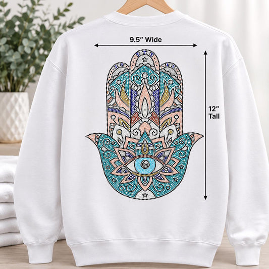 Rhinestone Hamsa Hand Heat Transfer | Evil Eye Crystal Applique (9.5"x12")