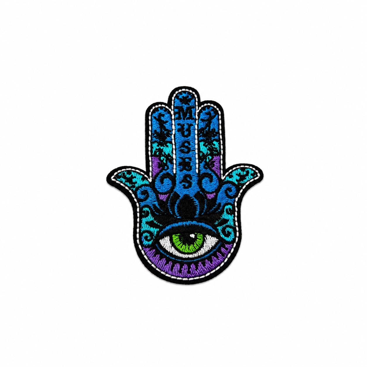 Hamsa Hand Evil Eye Embroidered Patch – Colorful Blue Purple Music Iron On Patch, Protective Eye Applique for Jackets Bags Backpacks