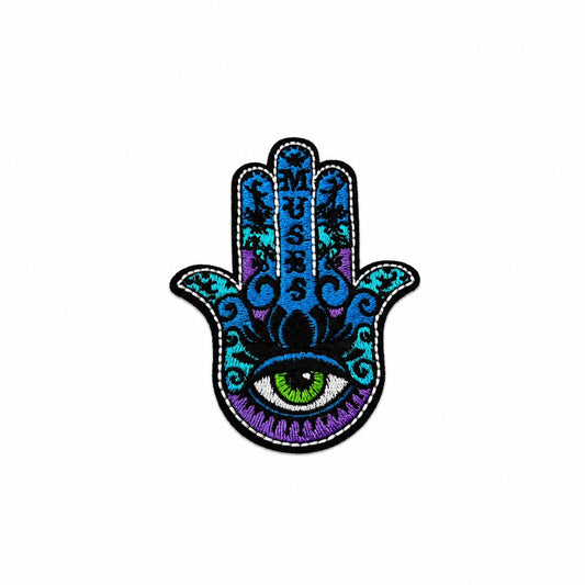 Hamsa Hand Evil Eye Embroidered Patch – Colorful Blue Purple Music Iron On Patch, Protective Eye Applique for Jackets Bags Backpacks