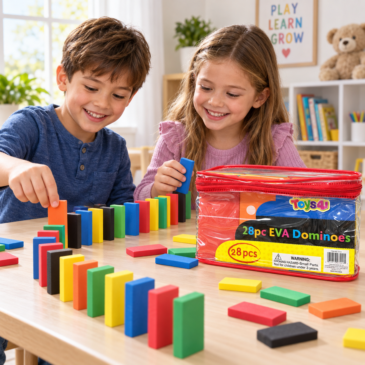 Children ages six and up playing with colorful EVA foam dominoes beside the red zippered storage case