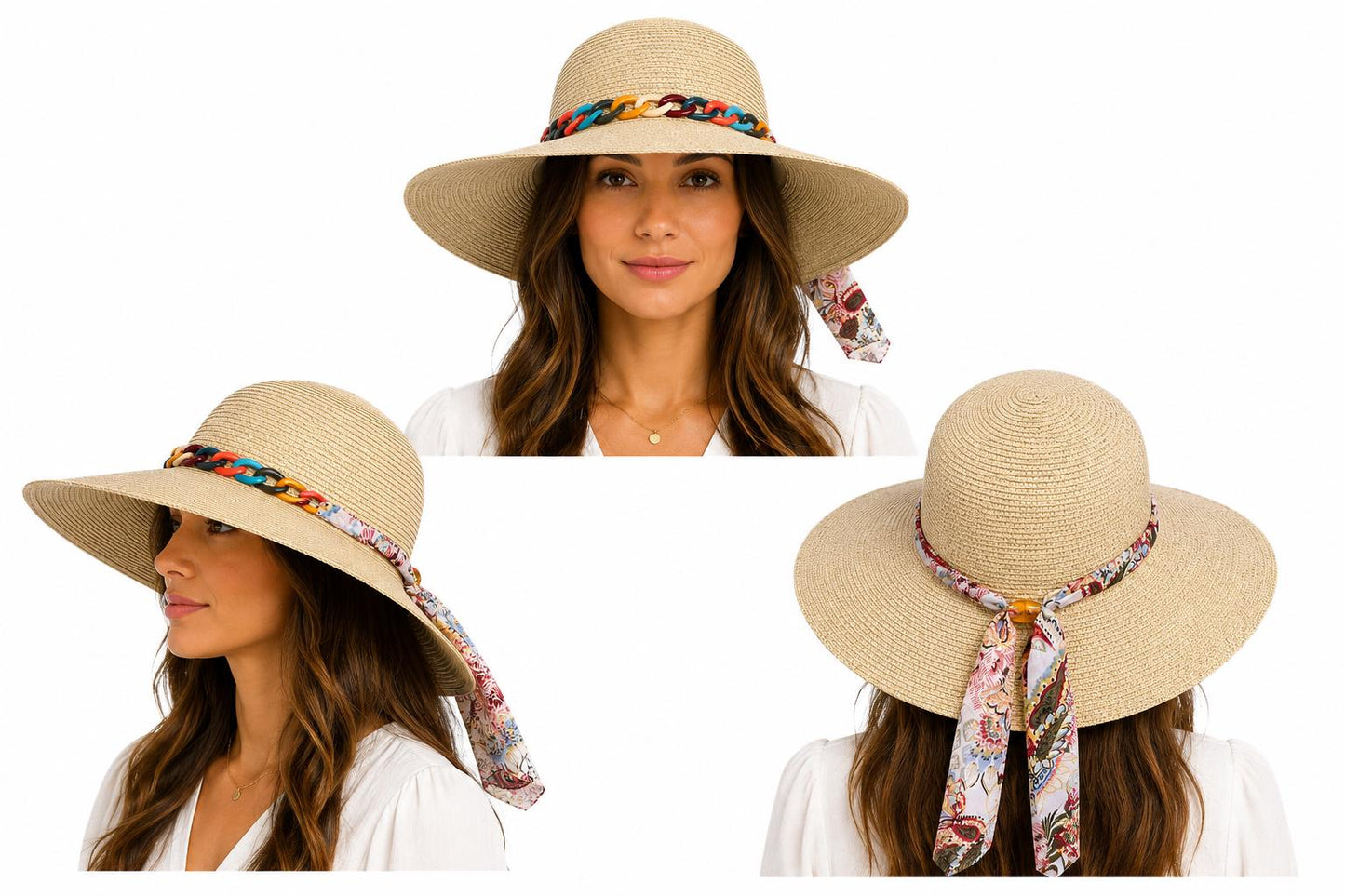 Women's Wide Brim Straw Sun Hat with Chain Band & Floral Scarf Tie