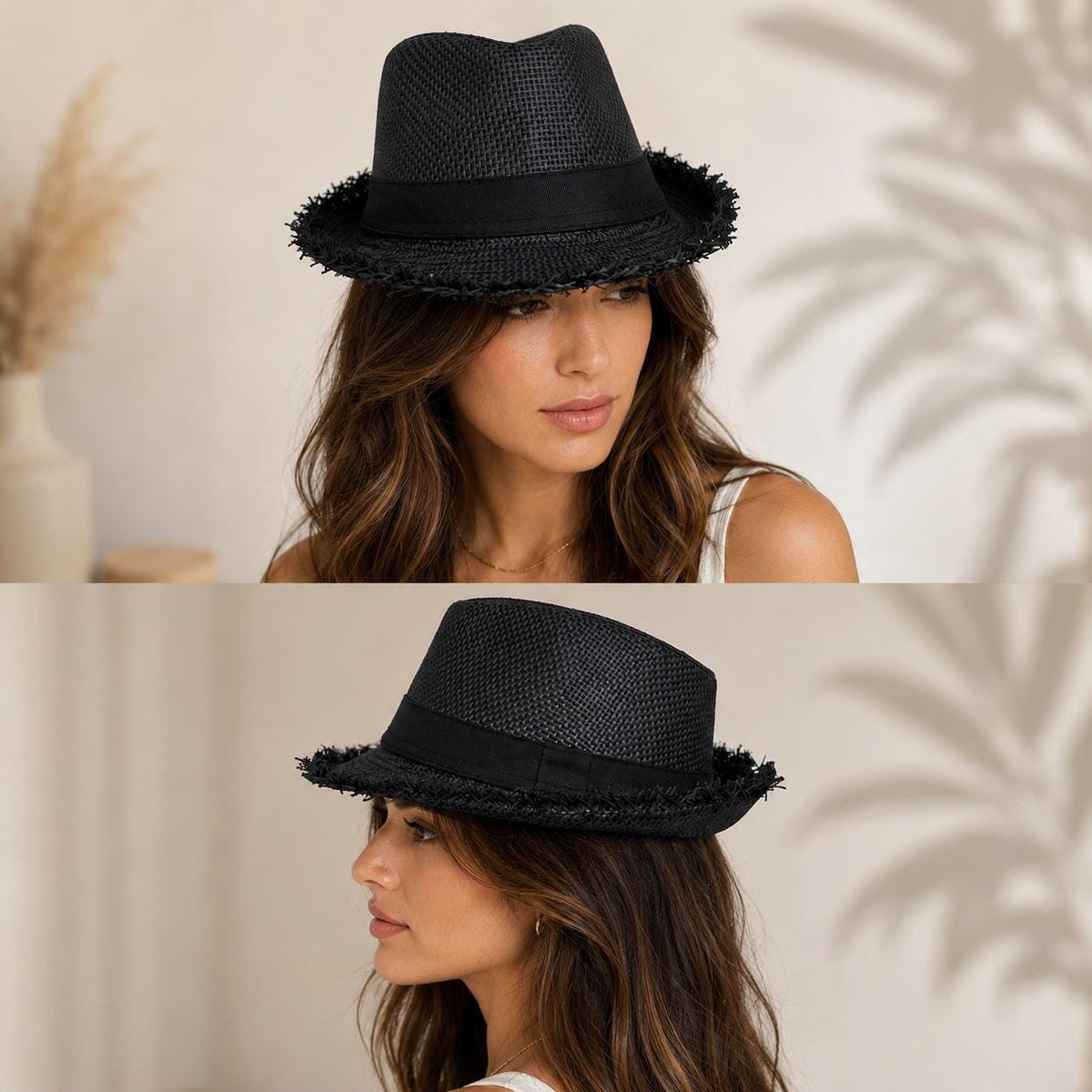 Woven Fedora Hat | Frayed Brim, Black Band, Unisex Summer Sun Hat