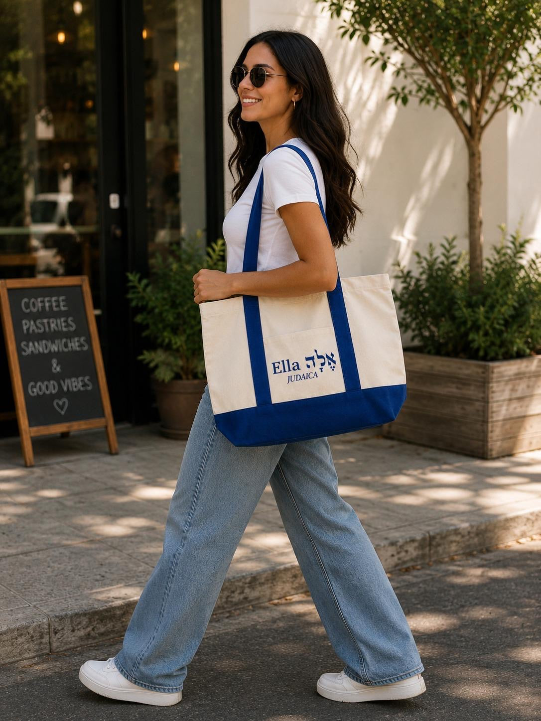 Ella Judaica Premium Canvas Tote Bag – 18” x 13” Reusable Shoulder Bag with Front Pocket