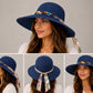 Women's Wide Brim Straw Sun Hat with Chain Band & Floral Scarf Tie