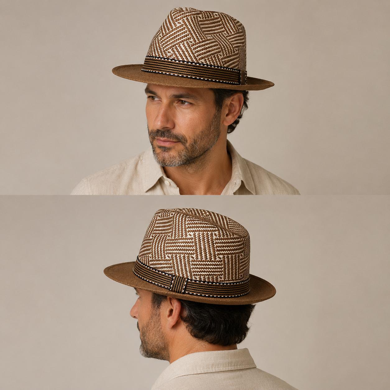 Woven Fedora Hat | Wide Brim Sun Protection, Geometric Crown, Striped Band